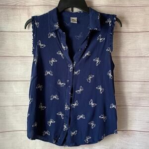 Disney by Lauren Conrad Navy Blue Button Up Sleeveless Blouse Bow Pattern Size L